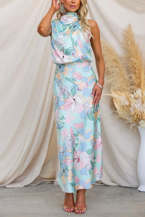 Rosiedress Irregular Tie Neck Waisted Floral Printed Maxi Satin Dress