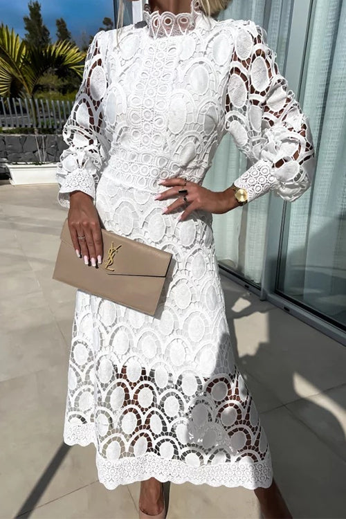 Mockneck Puff Sleeves Lace Hollow Out Mid Dress White