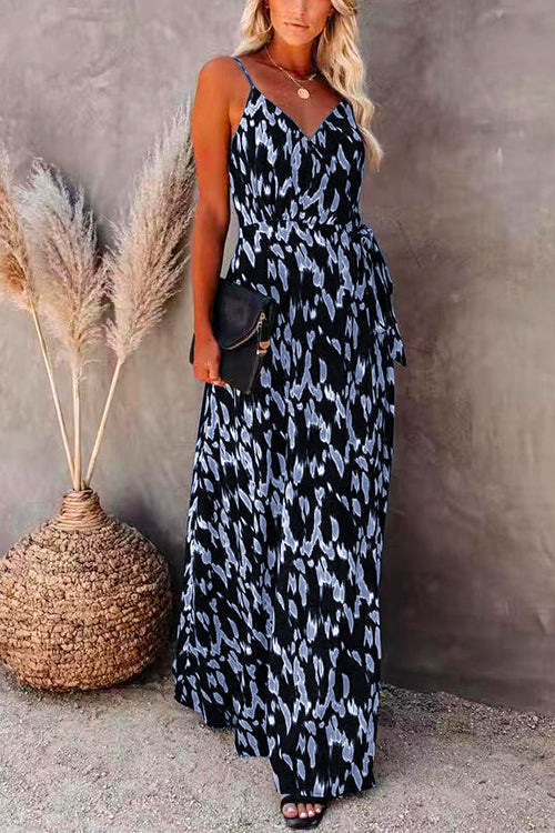 Wrap V Neck Tie Waist Printed Flowy Maxi Cami Dress Blue