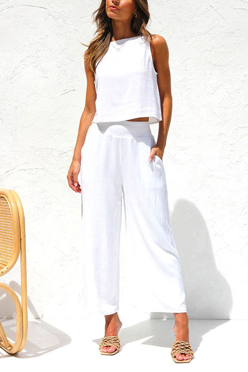 Rosiedress Buttons Tank Top and Pockets Wide Leg Crop Pants Set White