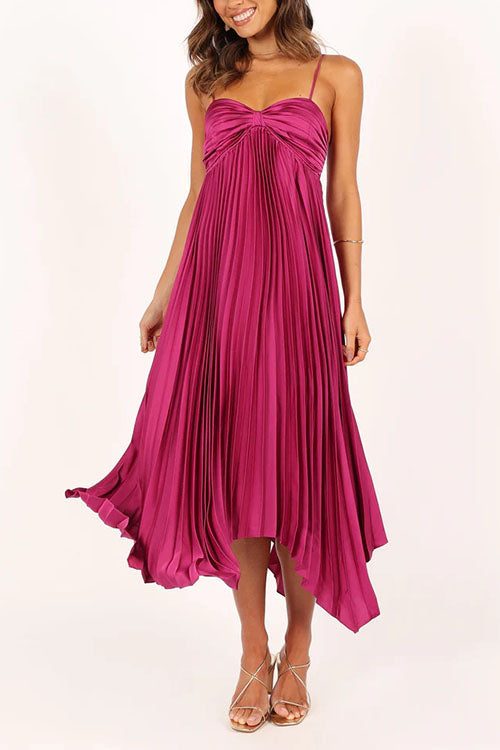 Spaghetti Strap Irregular Hem Pleated Swing Midi Dress Burgundy