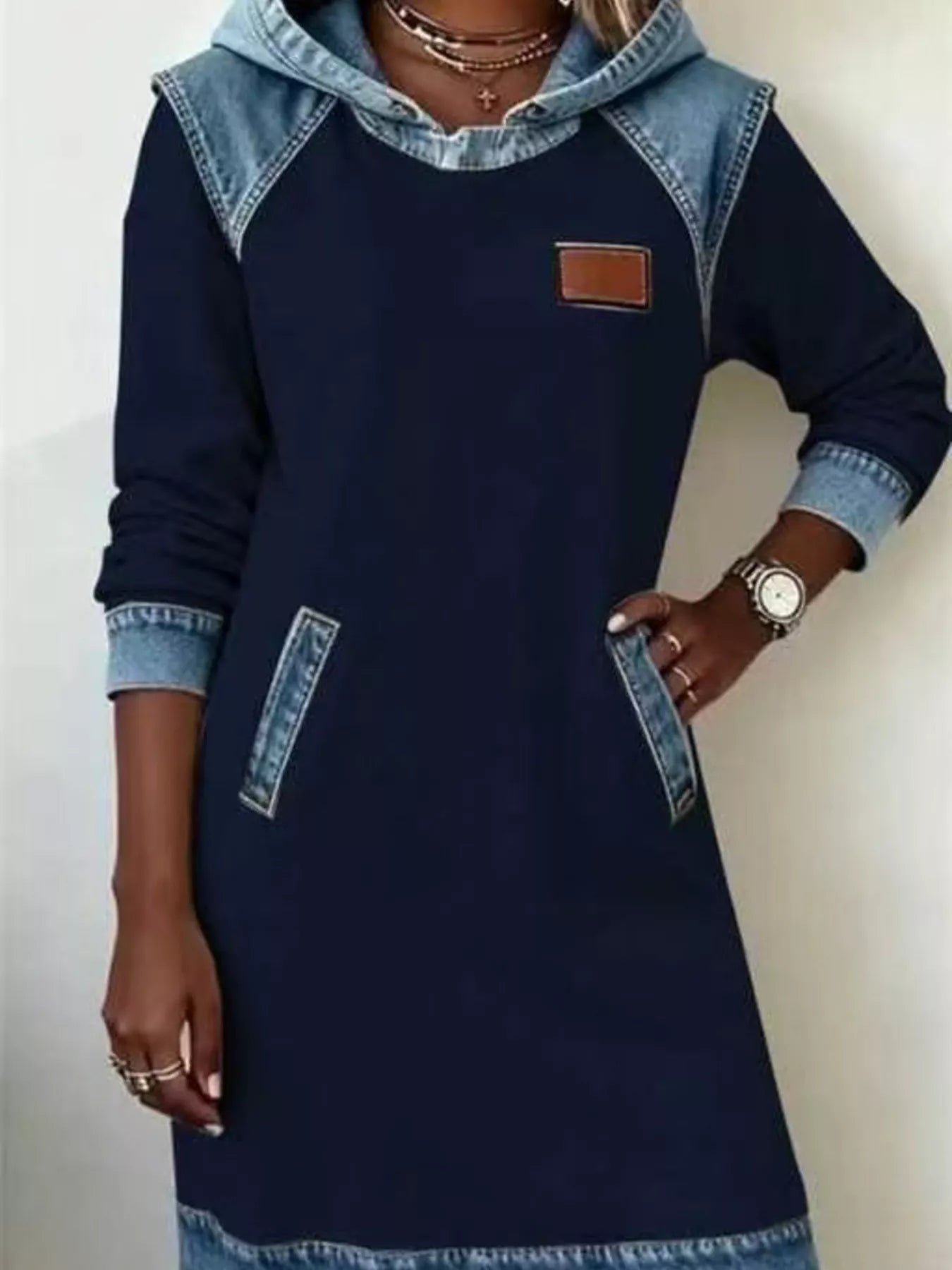 Full Size Denim Patchwork Hooded Sweatshirt Dress Plus Size