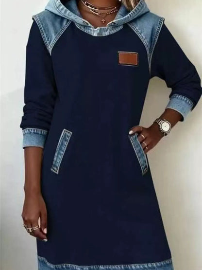 Full Size Denim Patchwork Hooded Sweatshirt Dress Plus Size
