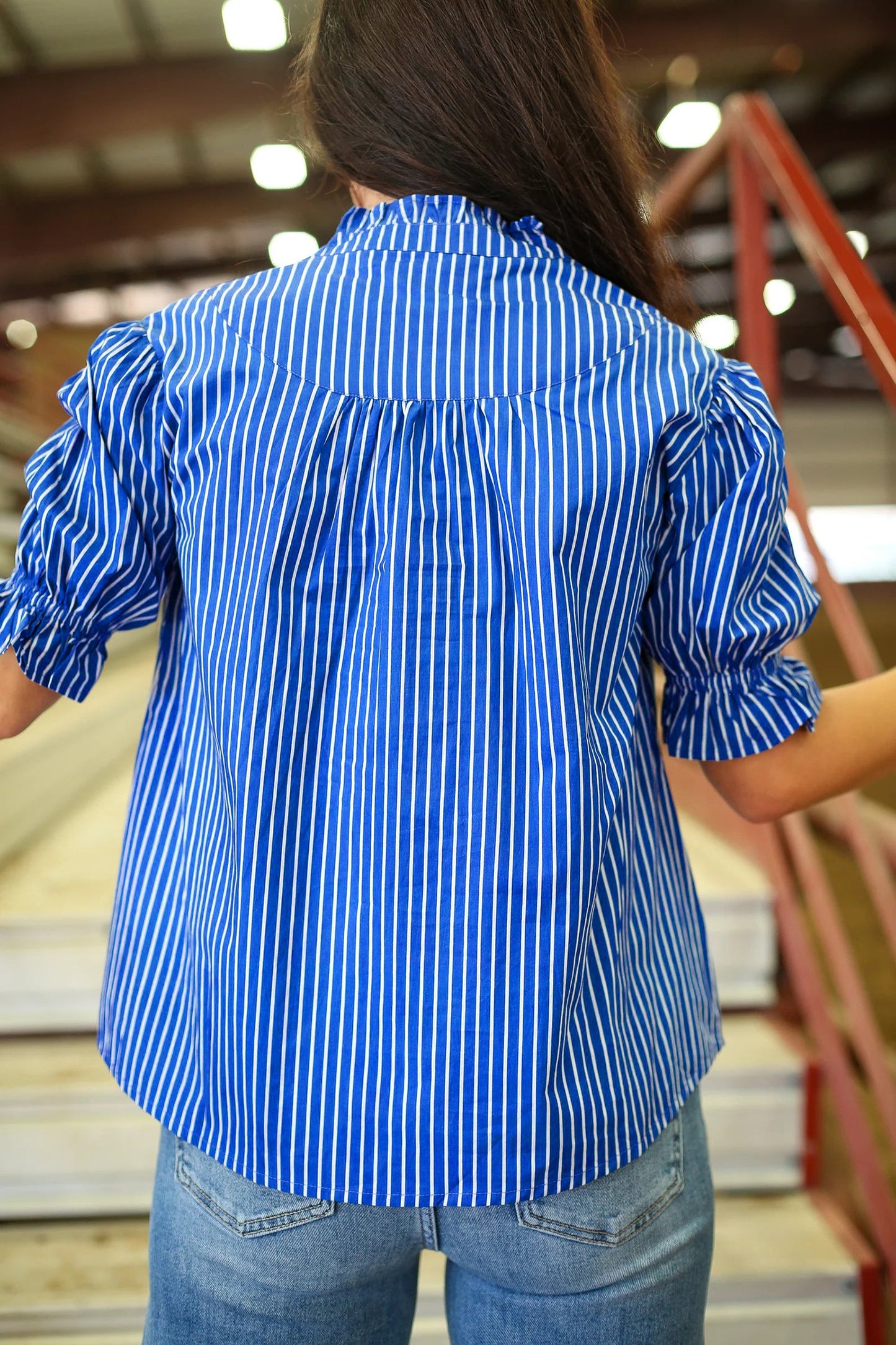 Blue Stripe Ruffled Short Puff Sleeve Button Front Blouse