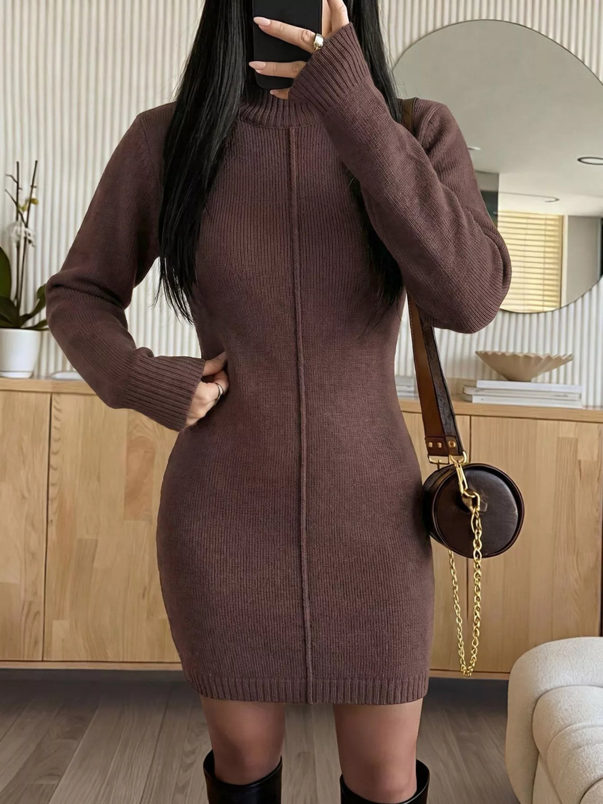 Turtleneck Ribbed Knit Sweater Dress