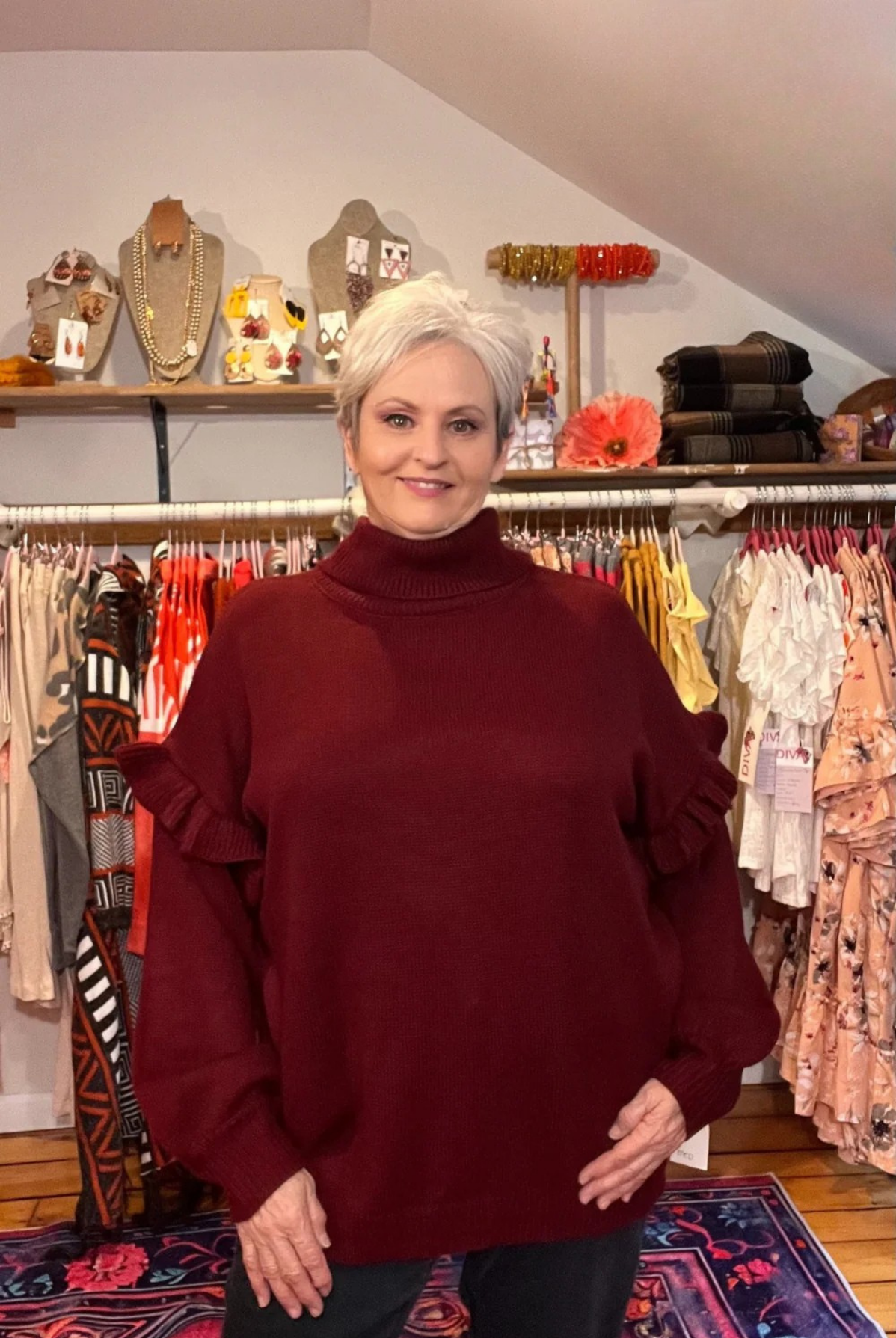 Turtleneck Dropped Shoulder Sweater – Women’s Oversized Knit Pullover for Cozy Effortless Style