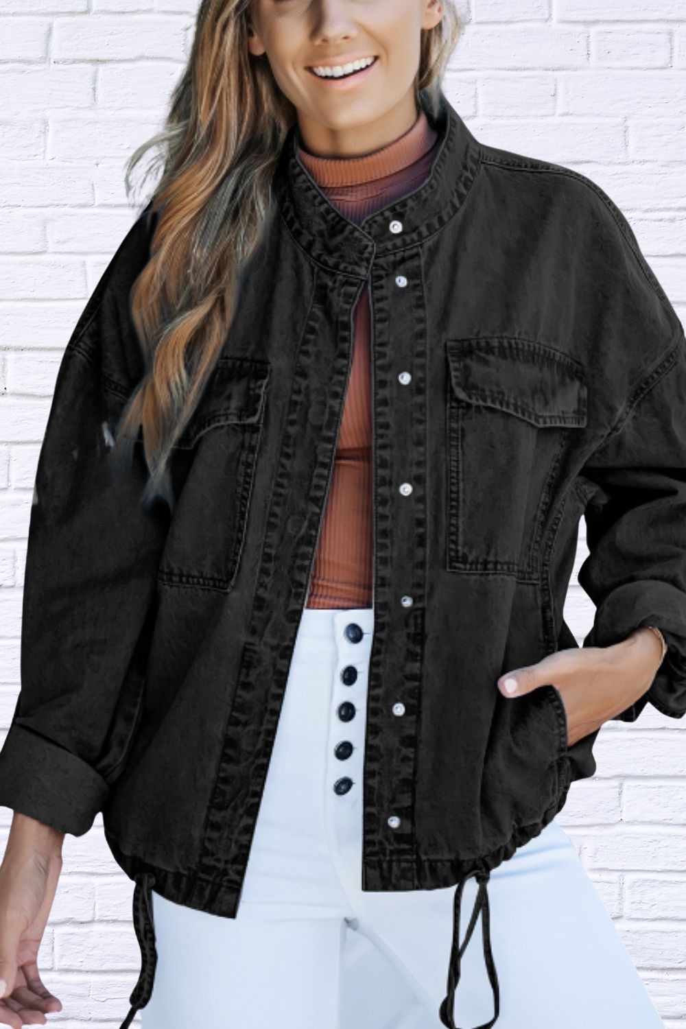 Drawstring Snap Down Denim Jacket with Chest Pockets