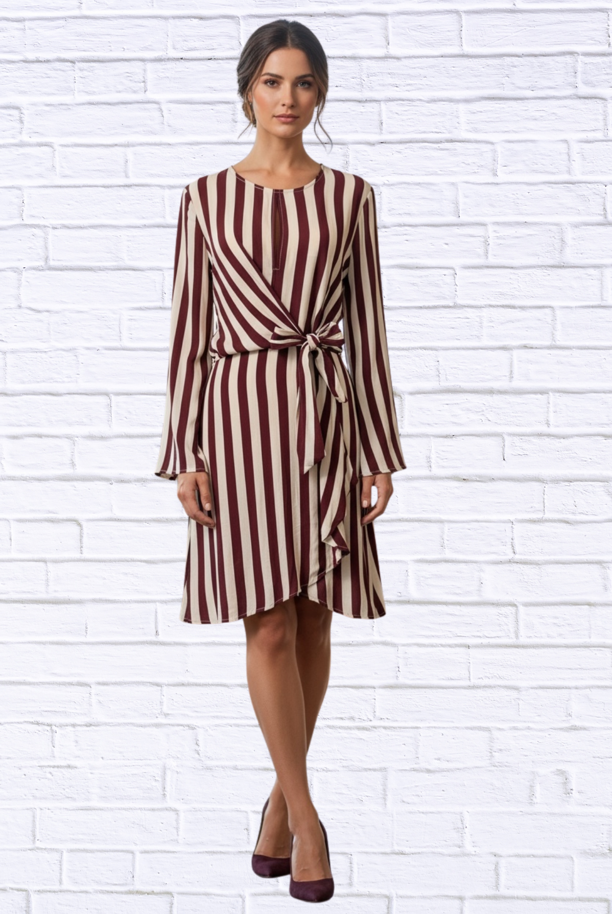 Burgundy and Cream Striped Long Sleeve Wrap Dress – Elegant Tie-Waist A-Line Midi Dress