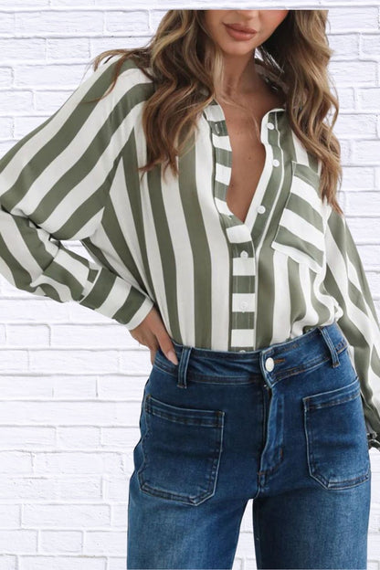 Striped Button-Down Shirt with Pockets for Women