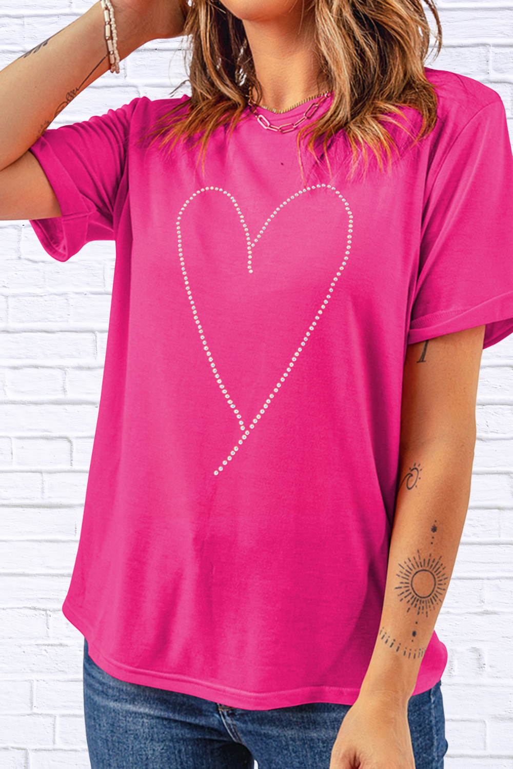 Rhinestone Heart Graphic Crew Neck Valentines Tee