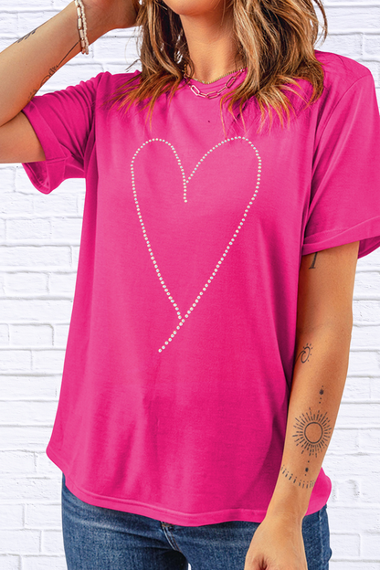 Rhinestone Heart Graphic Crew Neck Valentines Tee