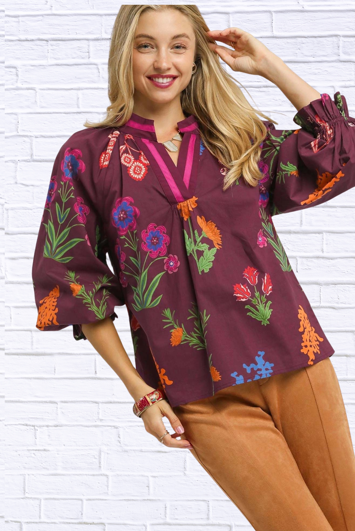 Umgee Floral Print Flounce Sleeve Blouse