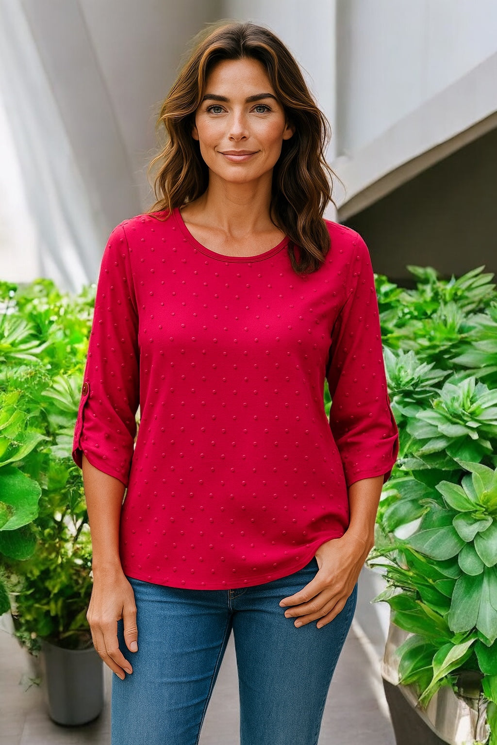 Swiss Dot Round Neck Petal Sleeve Top – Cerise Pink