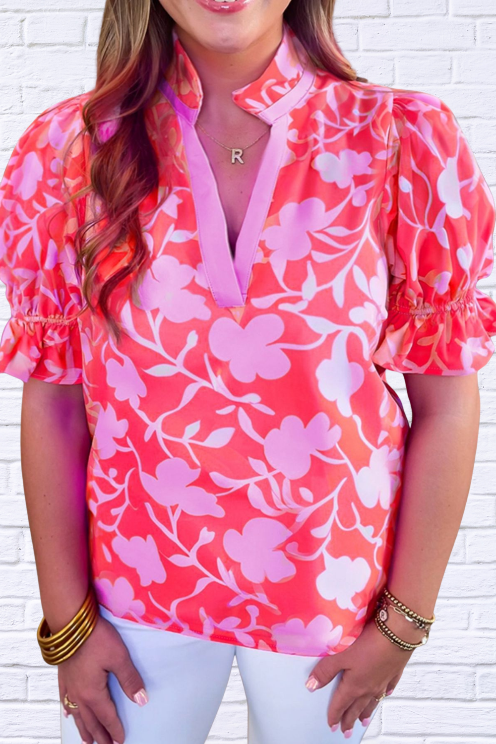 Floral Split V-Neck Ruffled Short Sleeve Blouse – Pink on Pink