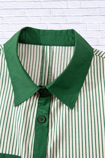 Stripe Color Block Patchwork Shirt Collar Button Down Puff Sleeve Mini Dress