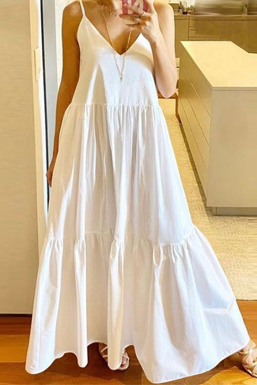 V Neck Ruffle Tiered Swing Maxi Cami Dress White
