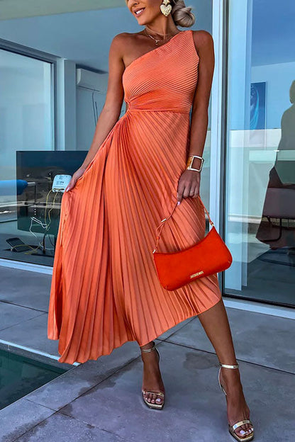 Rosiedress One Shoulder Cut Out Waist Irregular Pleated Party Dress Orange