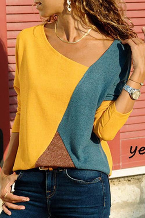 Rosiedress Casual Color Block Long Sleeve Basic Tops Yellow