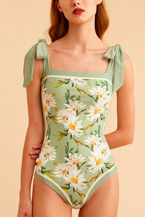 Rosiedress Bow Shoulder Floral Print One-piece Swimsuit Green