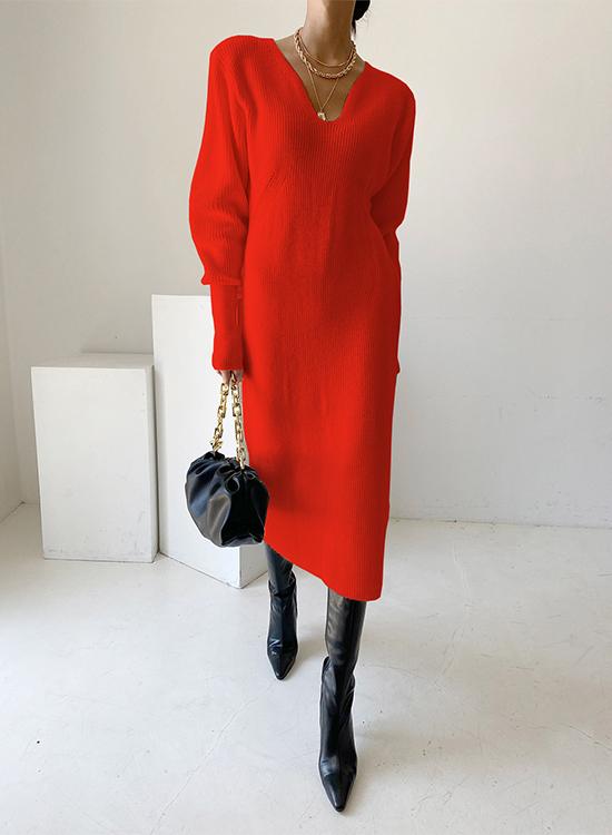 Rosiedress Solid V Neck Midi Knitting Dress Red