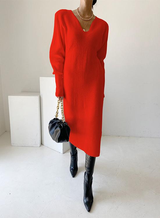 Solid V Neck Midi Knitting Dress Red
