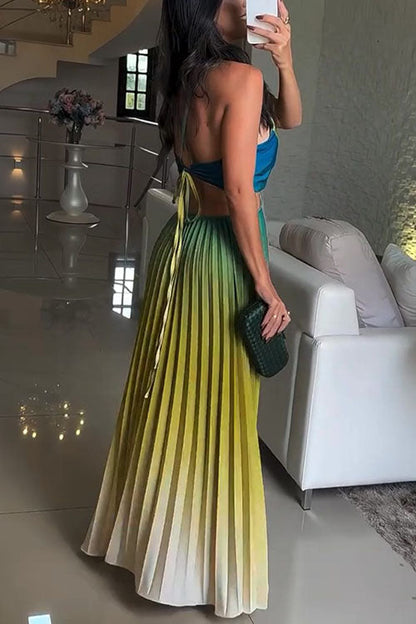 Sleeveless Cut Out Back Lace-up Gradient Pleated Maxi Dress