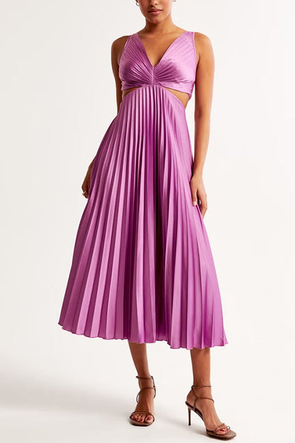 V Neck Cut Out Waist Sleeveless Pleated Maxi Dress Purple