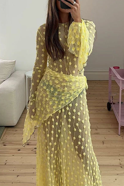 Crewneck Bell Long Sleeves Polka Dot Tulle Cover Up Maxi Dress