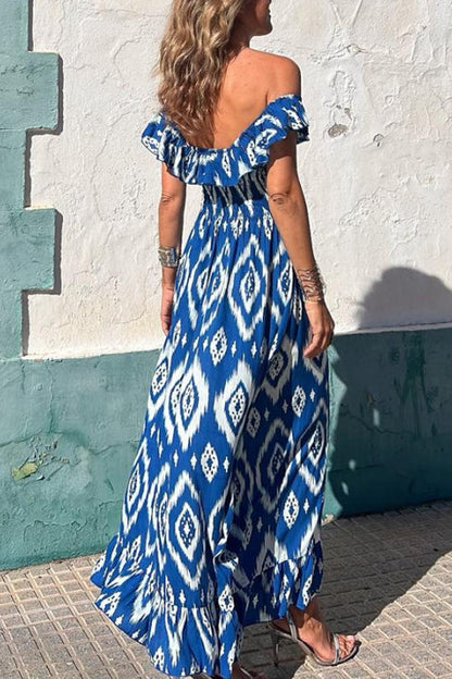 V Neck Waisted Boho Print Ruffle Maxi Dress