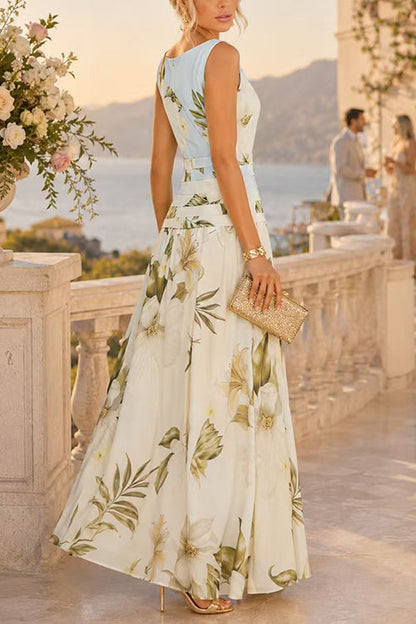 Boat Neck Sleeveless Floral Print Flowy Maxi Dress