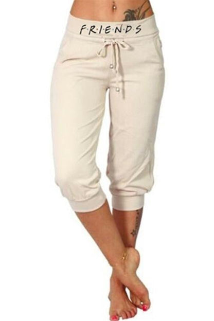 Letter Printed Solid Cropped Pants Beige