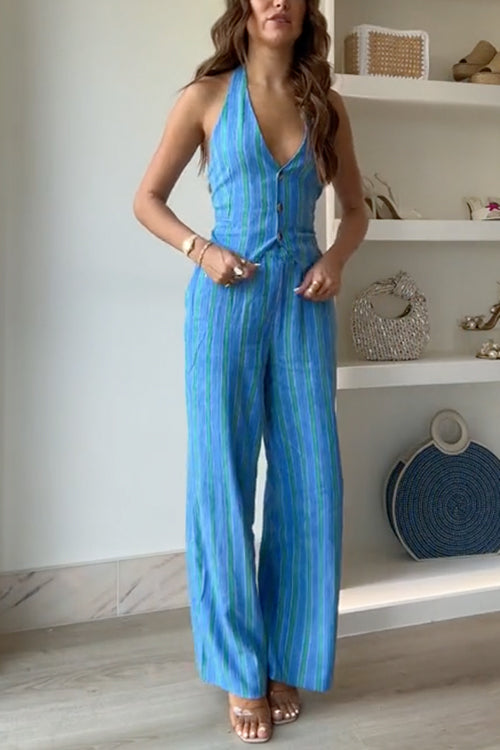 Striped Button Down Tie Knot Backless Top and Wide Leg Pants Set