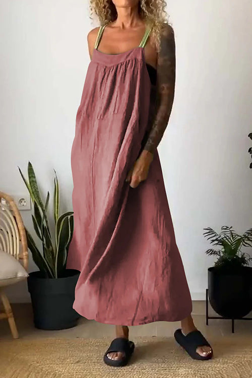 Color Block Casual Cotton Linen Maxi Beach Dress HotPink