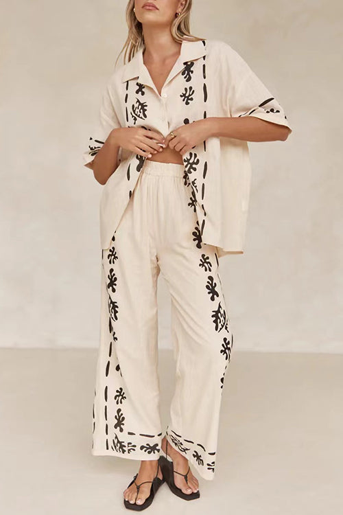 Rosiedress Cotton Linen Short Sleeves Button Down Shirt Elastic Waist Wide Leg Pants Printed Set Cream