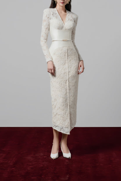 Oona White Floral Lace Pencil Midi Dress