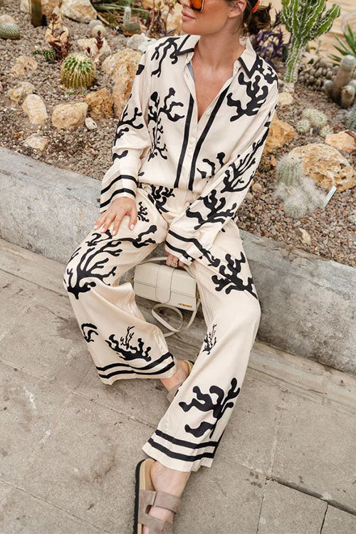 Chemise boutonnée à manches longues en satin imprimé récif