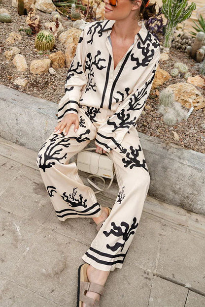 Chemise boutonnée à manches longues en satin imprimé récif