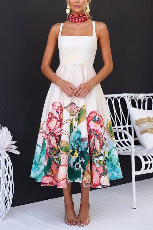 Square Neck Sleeveless Floral Print Midi Dress