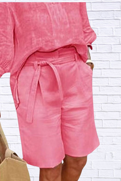 Plus Size Johnny Collar Top & Shorts Set for Women | 3/4 Sleeve Casual Matching Outfit | Comfortable Loungewear & Summer Set