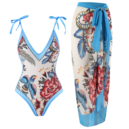 Floral Print V Neck Tie Shoulder One-piece Swimwear and Wrap Cover Up Skirt Set Blue