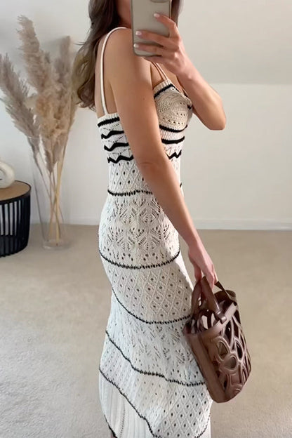 Rosiedress V Neck Crochet Hollow Out Color Block Knitting Maxi Cami Dress