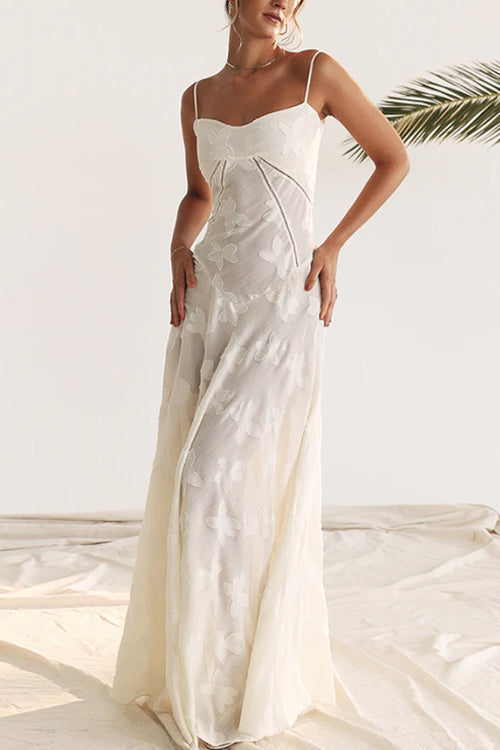 Spaghetti Strap Back Lace-up Applique Flower Lace Maxi Dress White