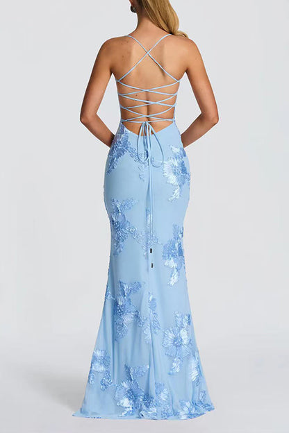 Backless Lace-up Corset Flower Embroidery Maxi Cami Dress