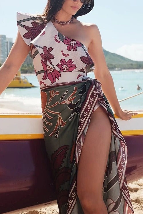 One Shoulder Sleeveless Floral Print One-piece Swimsuit