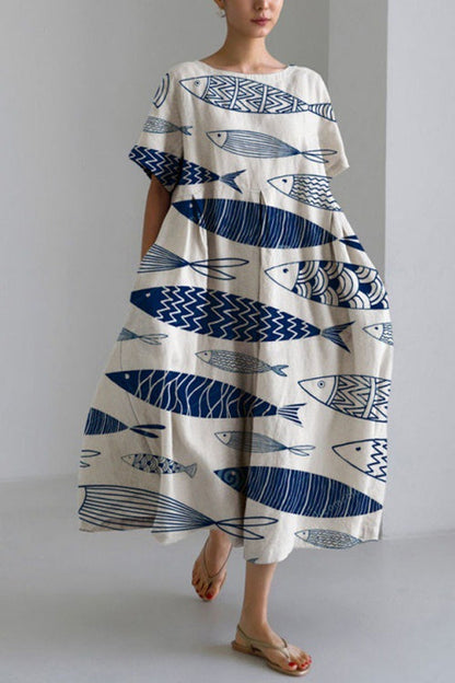 Printed Short Sleeves Pocketed A-line Midi Dress Fish