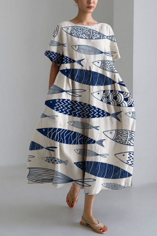 Rosiedress Printed Short Sleeves Pocketed A-line Midi Dress Fish