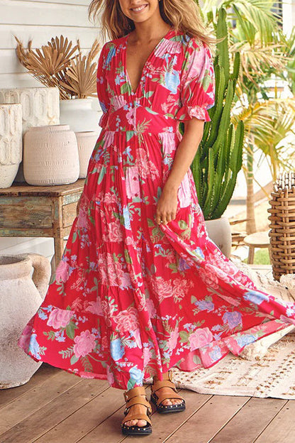 Rosiedress V Neck Button Up Floral Print Flowy Maxi Dress