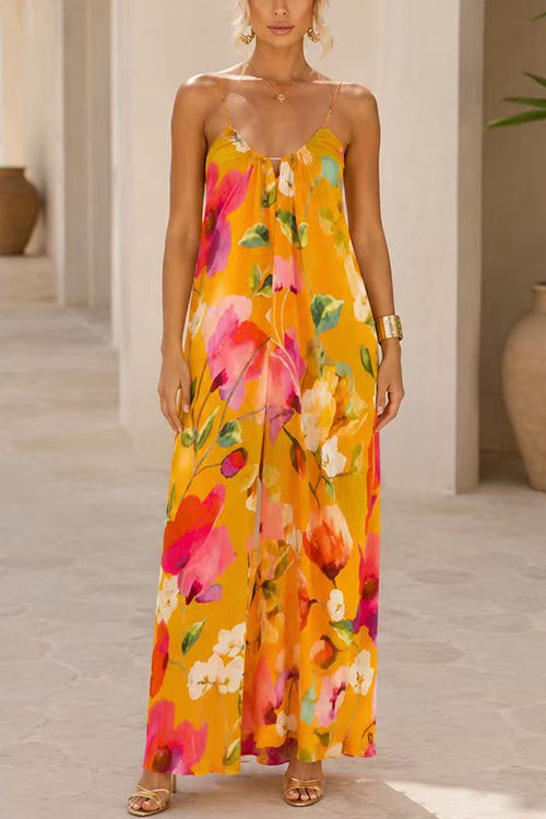 Sleeveless Open Back Floral Print Wide Leg Jumpsuit