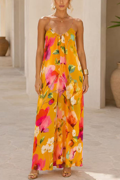 Sleeveless Open Back Floral Print Wide Leg Jumpsuit
