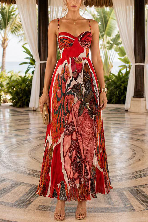 Spaghetti Strap Sweetheart Neck Abstract Floral Print Maxi Dress